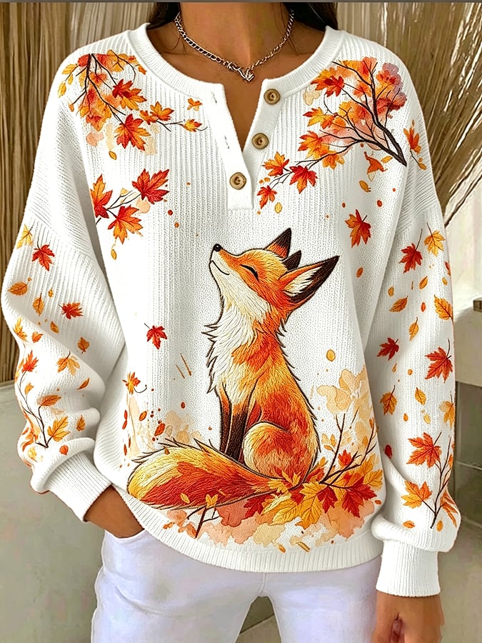 Women's Casual Print Button-Up Collar Knit Top