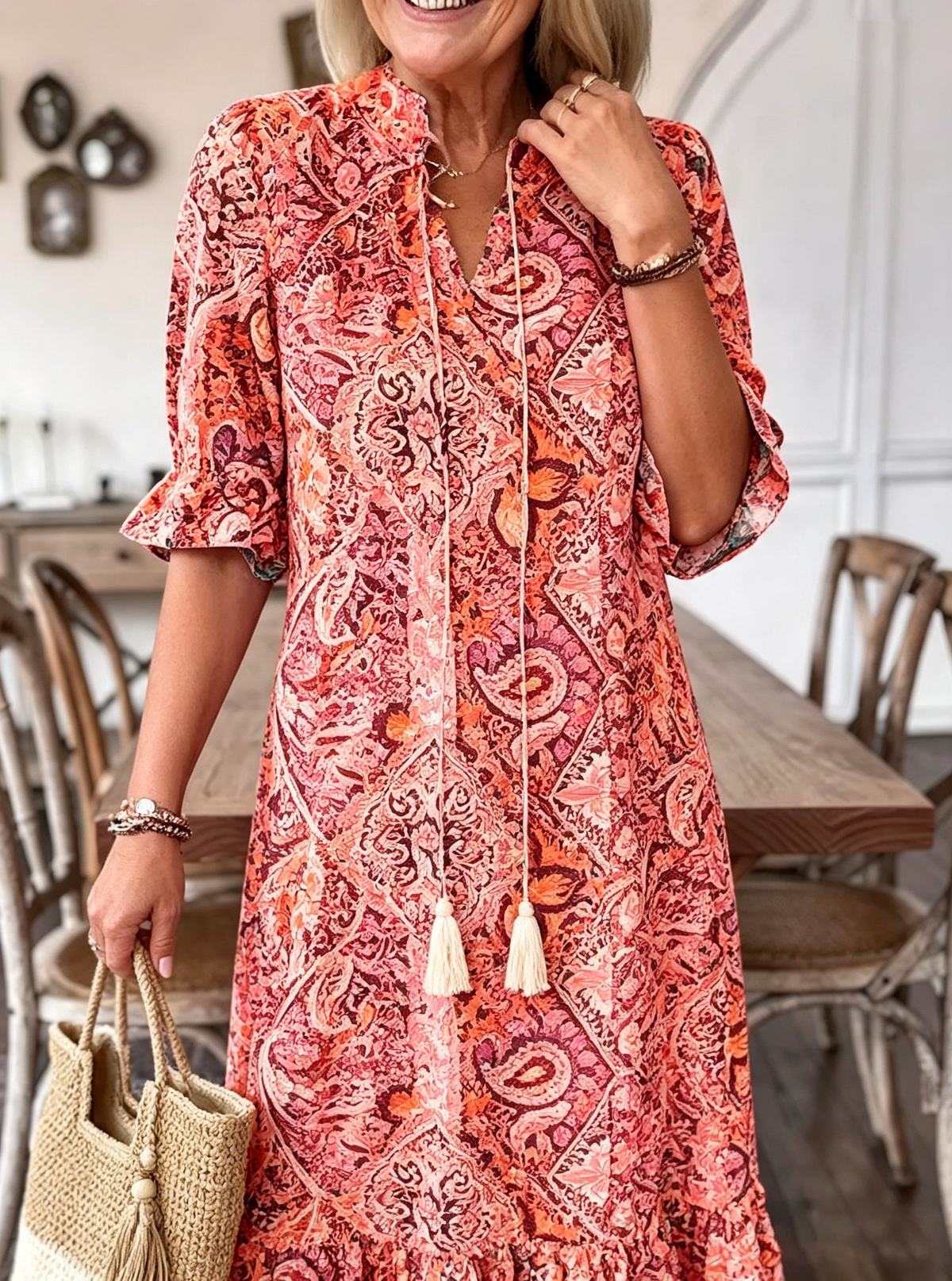 Vacation DRESS Paisley Bohemian Long Length Vintage Print Tassel Tie Neck Tunic Dress - Elegant Vacation Style with Drawstring, Ruffle Hem, and Random Printing