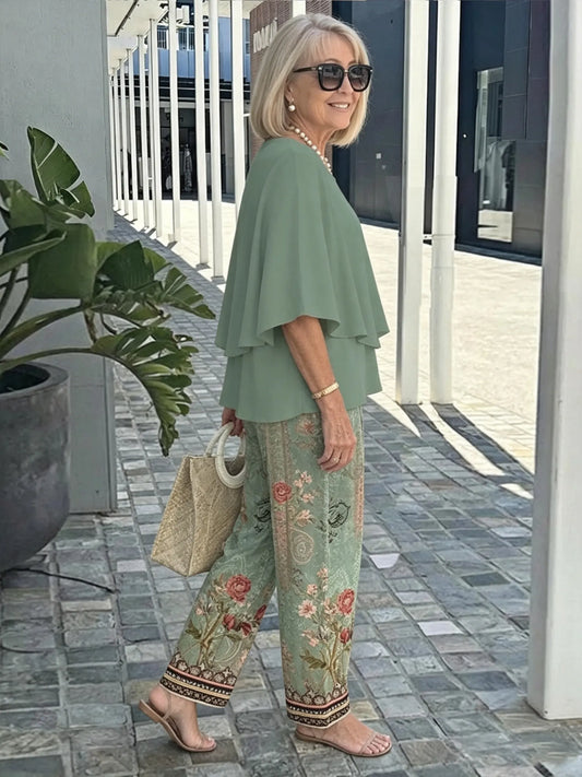 Women's 2 Piece Outfits Set, Crew Neck Flutter Sleeve Layered Blouse & Leaf Print Straight Leg Pants, Casual Loose Matching Two Piece Set for Summer Daily Wear