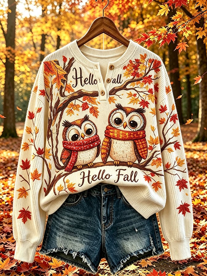Women's Casual Print Button-Up Collar Knit Top