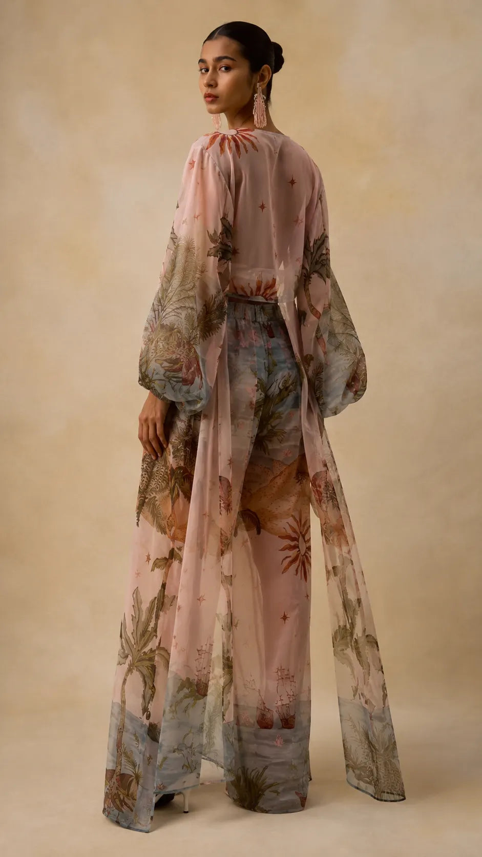 Tropical Voyage Print Sheer Cropped Top & Wide-Leg Pant Two-Piece