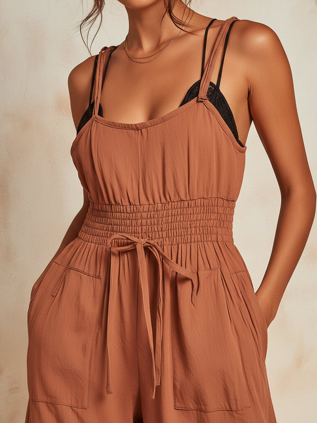 Smocked Waist Ruffle Hem Wide-Leg Jumpsuit