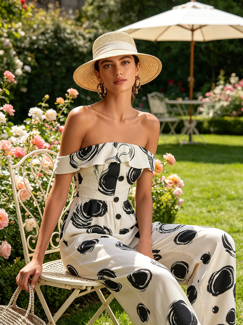 Abstract Circle Print Off-Shoulder Wide-Leg Jumpsuit