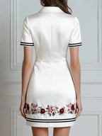 Deep V-Neck Floral Embroidered Contrast Trim Mini Dress