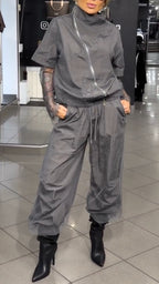 Grey Zip‐Up Casual Tracksuit Two‐Piece Outfit