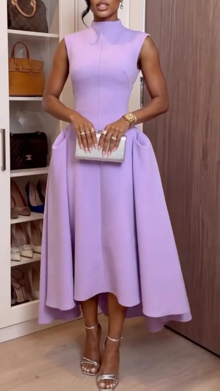 High Neck Sleeveless Midi Flared Pocket Dress