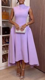 High Neck Sleeveless Midi Flared Pocket Dress