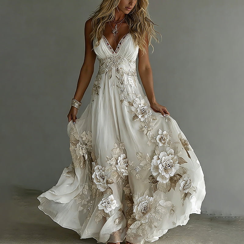 Women's Floral Embroidery Art Suspender Maxi Dress