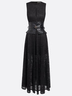 Black Lace Hollow Out Cotton Crew Neck Sleeveless A-Line Maxi Dress With Belt