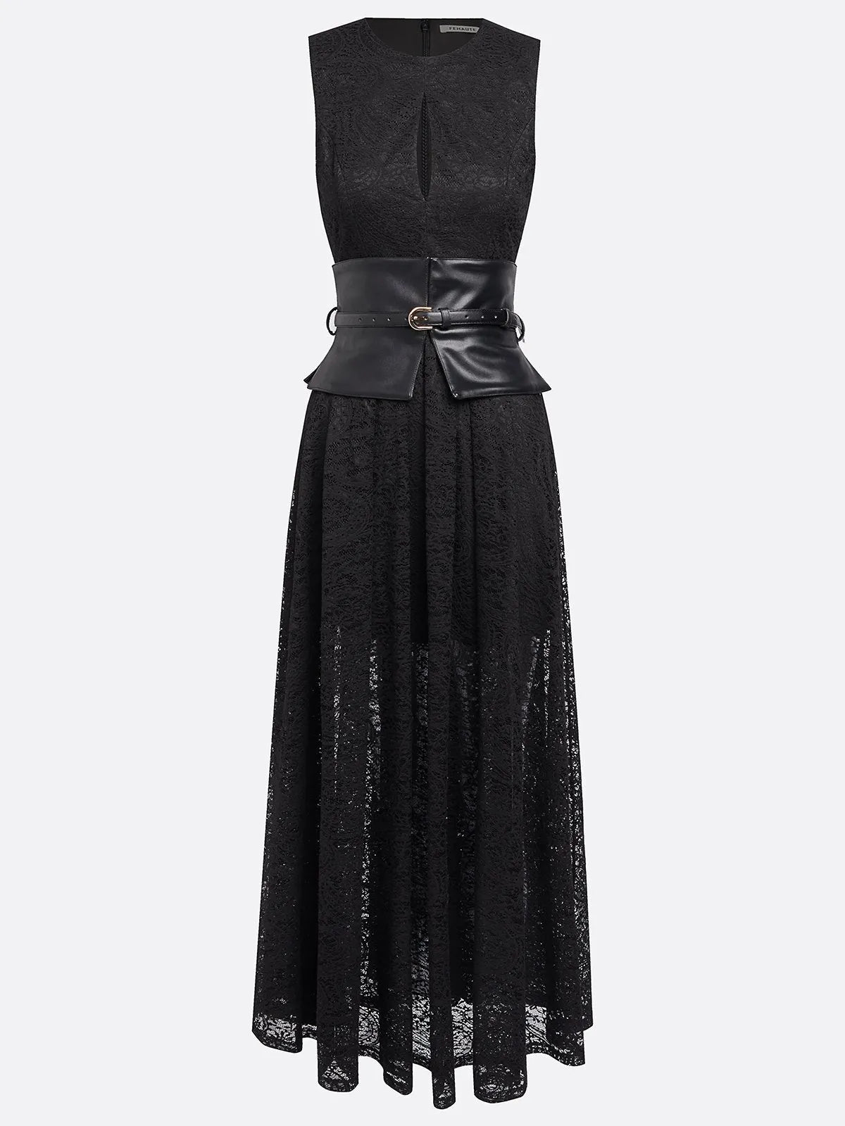 Black Lace Hollow Out Cotton Crew Neck Sleeveless A-Line Maxi Dress With Belt