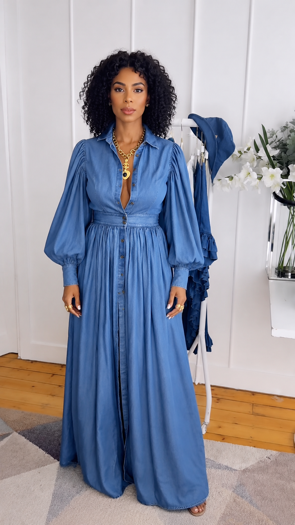 Denim Puff Sleeve Maxi Dress