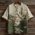 Men's Vintage Cranes And Bamboo Japanese Art Embroidery Casual Shirt