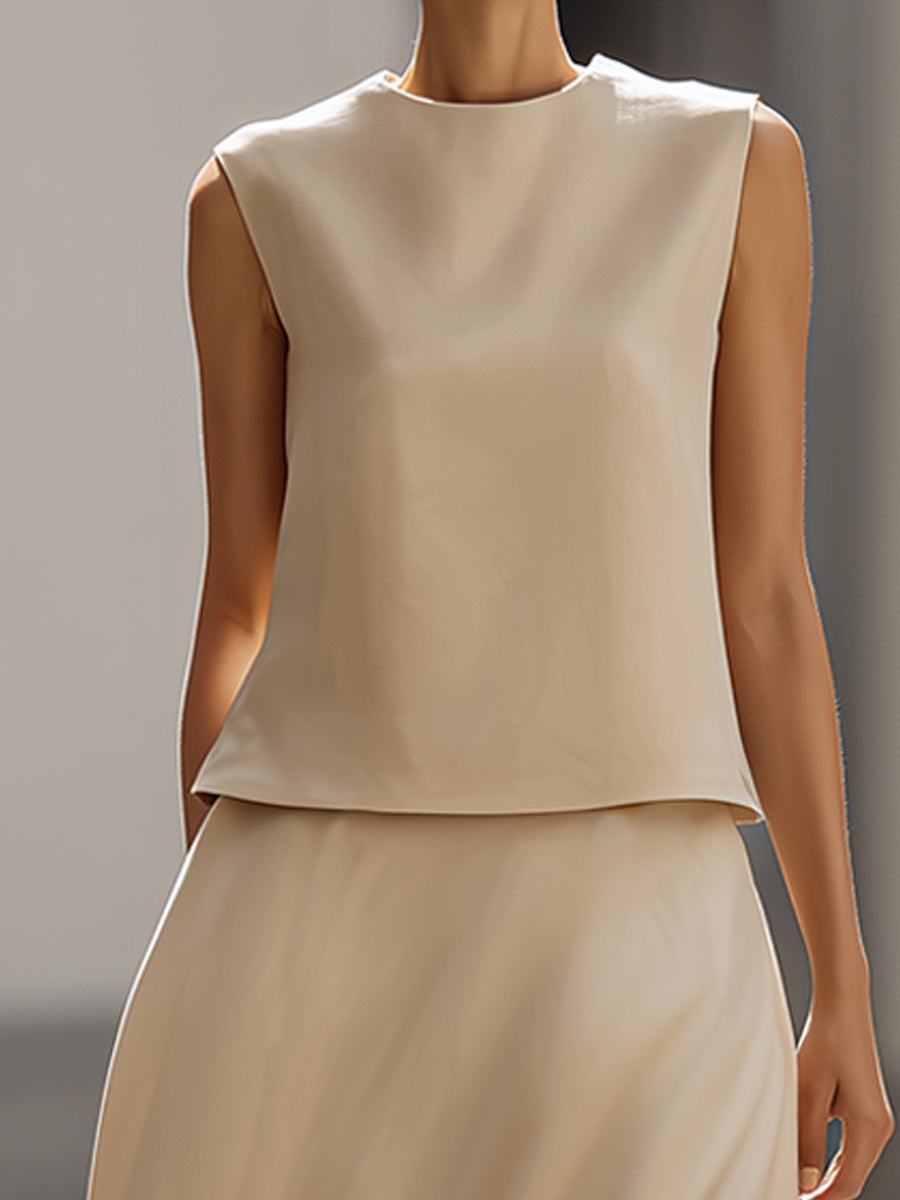 Linen-Blend Sleeveless Top & Midi Skirt Two-Piece Set