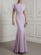 lavender Ruched Classic Boat Neck Cap Sleeve Raglan Sleeves Mermaid Floor-length Gown Dress