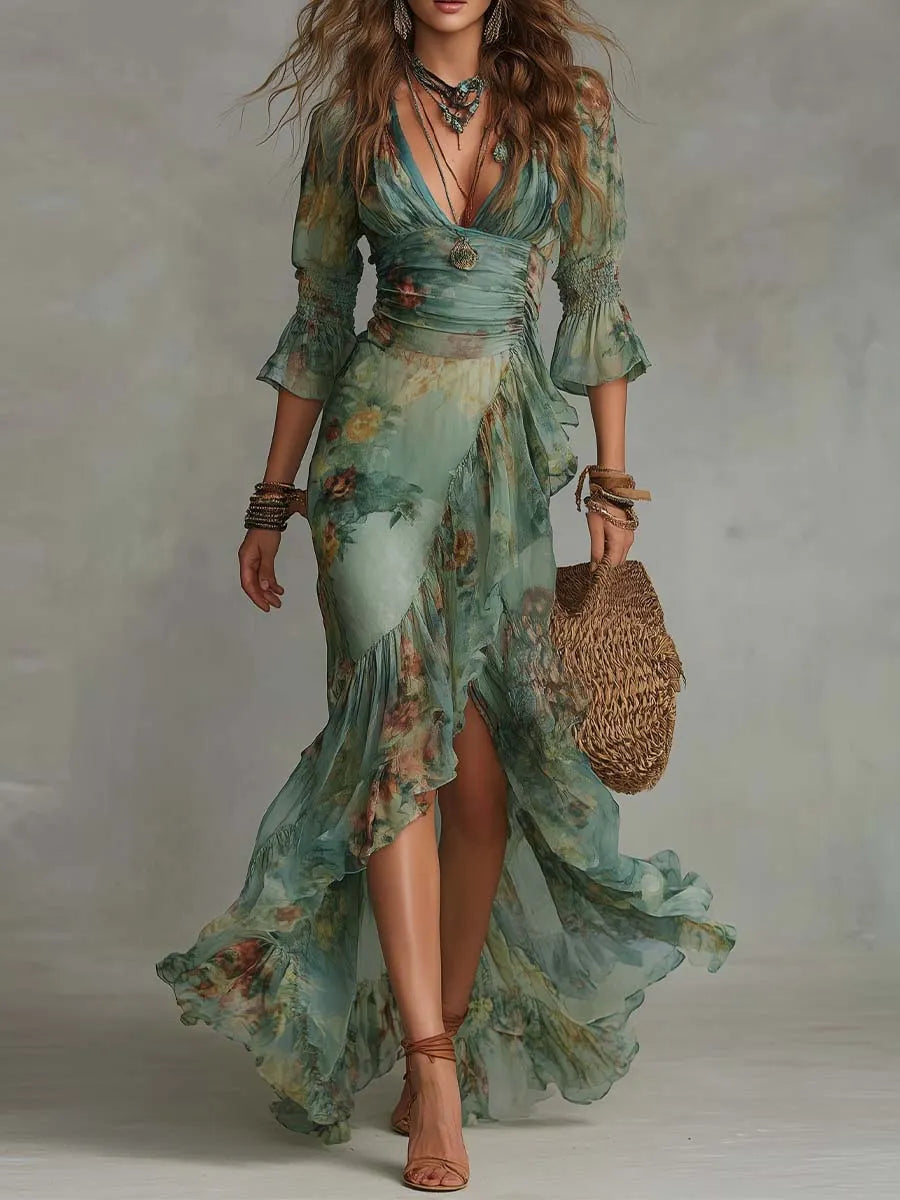 Retro Romantic Floral Wrap Long Dress