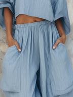 Light Blue Cotton Linen Two Piece Set - Loose Crop Top & Wide Leg Pants
