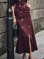 Maxi Cotton Trench Coat, Long Sleeves, Lapel Collar, Plain, Button Design, Vintage, Wine Red