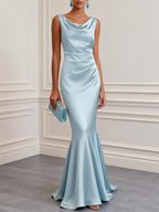 Light Blue Ruched Satin Cowl Neck Sleeveless Mermaid Maxi Dress