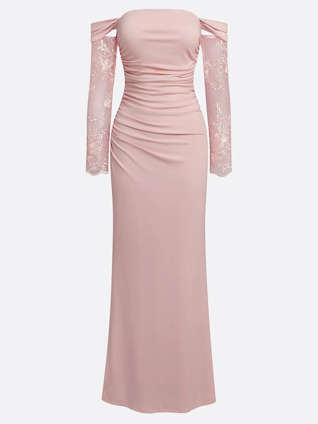 Pink Lace Knit Off The Shoulder Long Sleeve Sheath Gown Dress