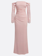 Pink Lace Knit Off The Shoulder Long Sleeve Sheath Gown Dress
