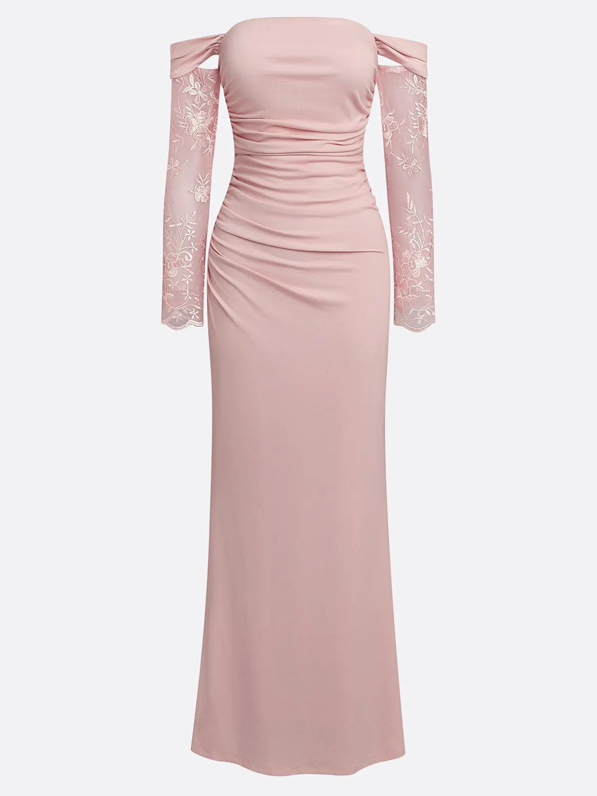 Pink Lace Knit Off The Shoulder Long Sleeve Sheath Gown Dress