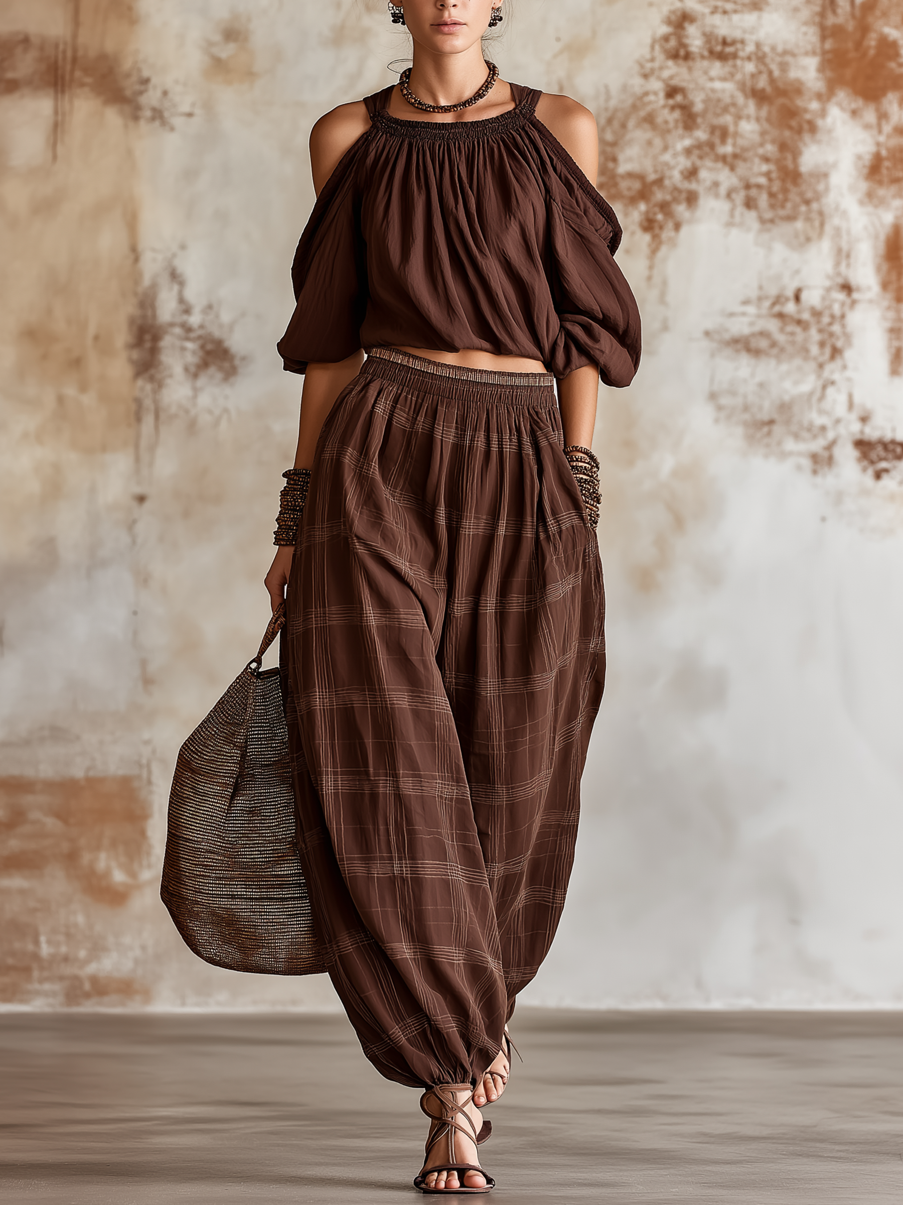 Chocolate Brown Plaid Cold-Shoulder Top & Harem Pants Loungewear Set