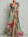 Watercolor Floral Print Puff Sleeve Split Chiffon Maxi Dress