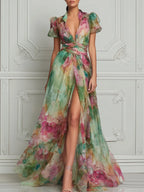 Watercolor Floral Print Puff Sleeve Split Chiffon Maxi Dress