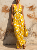 Yellow Polka Dot Halter Wide-Leg Jumpsuit