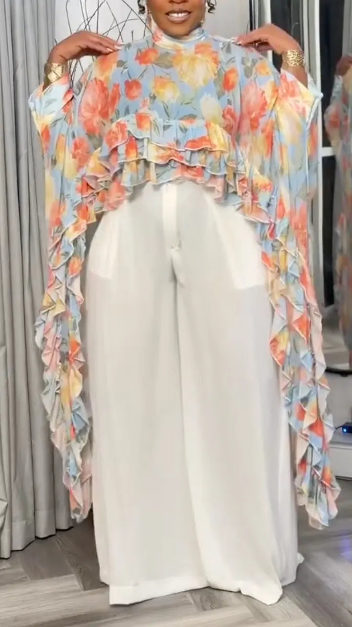 Ruffled Chiffon Printed Cape Top