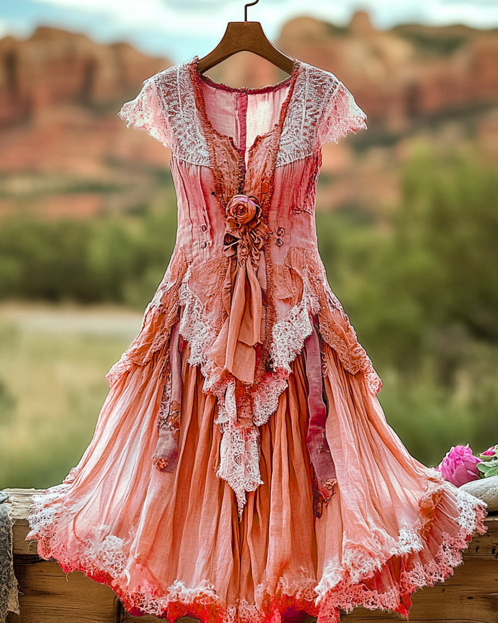 Summer Vintage Floral Lace Patchwork Orange  Dress 9144