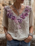 Vintage Purple Flowers Embroidered Short Sleeve Linen Shirt