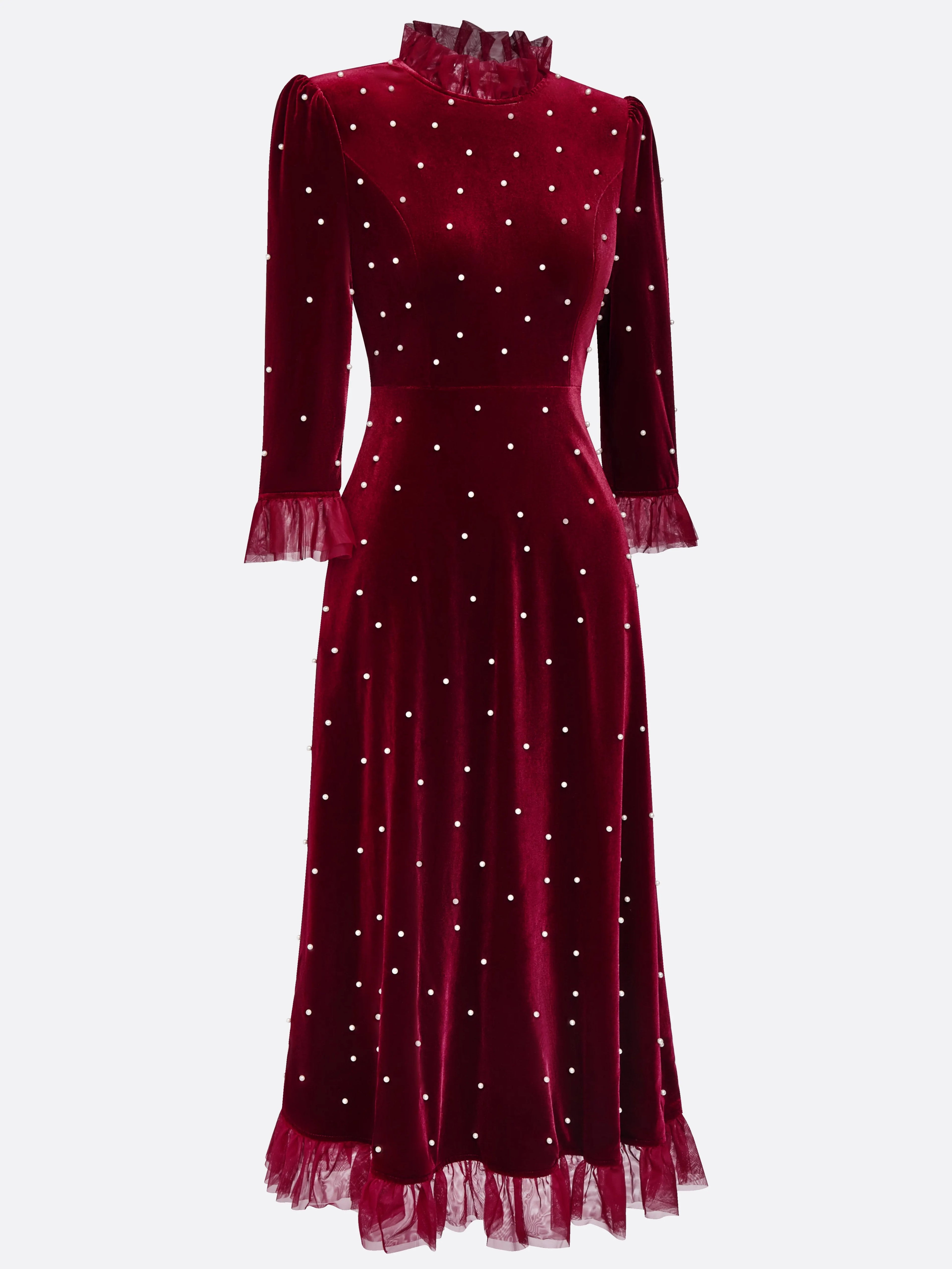Burgundy Beaded Mock Neck Three Quarter Sleeve A-Line Maxi Velvet Dress