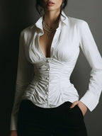 Chic White Ruched Button-Down Corset Blouse