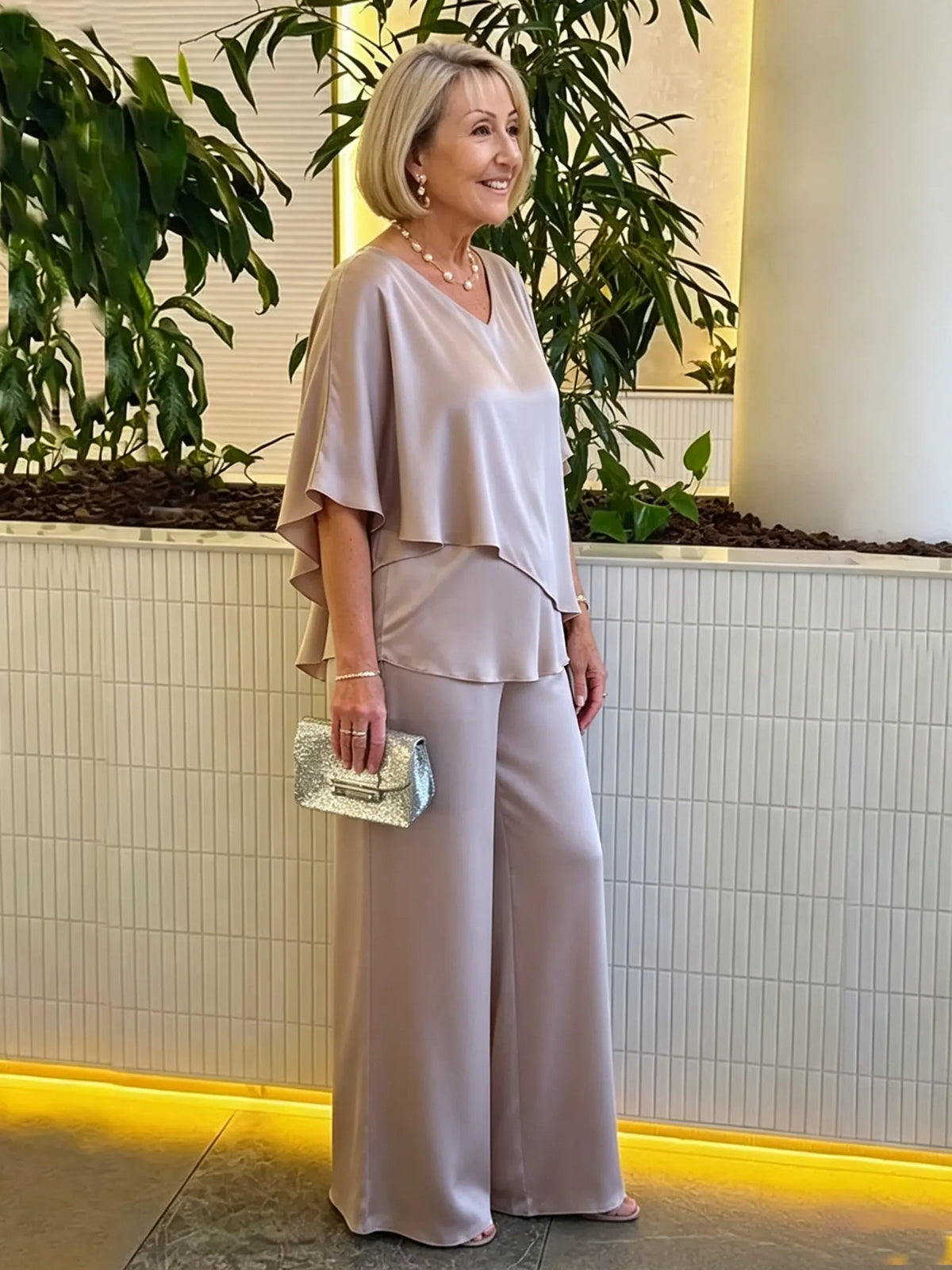 Women's 2 Piece Satin Pantsuit, V Neck Cape Flutter Sleeve Double Layer Tunic Top & Wide Leg Trousers, Elegant Loose Matching Outfit Set for Wedding Guest Formal Occasion