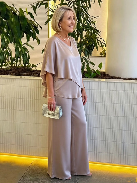 Women's 2 Piece Satin Pantsuit, V Neck Cape Flutter Sleeve Double Layer Tunic Top & Wide Leg Trousers, Elegant Loose Matching Outfit Set for Wedding Guest Formal Occasion