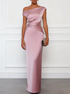 Pink Satin One Shoulder Sleeveless Sheath Gown Dress