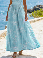 (SIZE:XS-XXL) Maxi Linen Dress , Cap Sleeves, Stand Collar, Floral, Lace, Vintage, Apricot