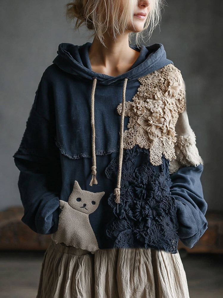 Vintage Boho Floral And Cute Cat Embroidered Patchwork Casual Hoodie