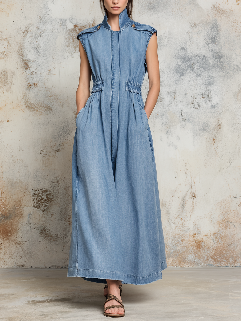 Light Wash Denim Sleeveless Maxi Dress | Stand Collar Elastic Waist Casual Dress