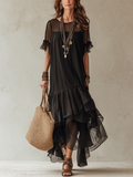 Black Chiffon Long Skirt With Irregular Ruffles