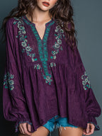 Women's Casual Floral Embroidered Art Print Flowy Linen Blend Tunic