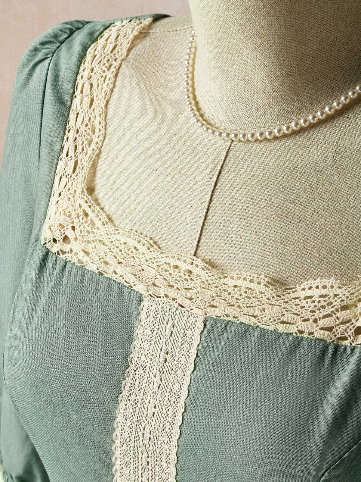 Maxi Linen Dress, 3/4 Sleeves, Square Neck, Lace Up, Linen Blend, Green