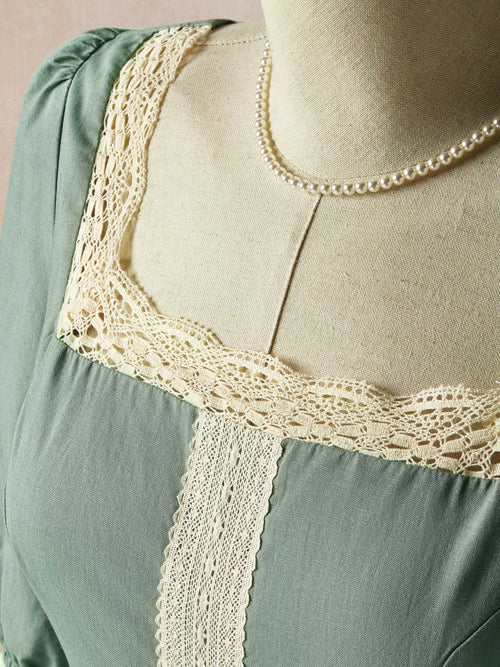 Maxi Linen Dress, 3/4 Sleeves, Square Neck, Lace Up, Linen Blend, Green