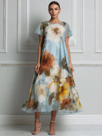 Elegant Floral Chiffon A-Line Midi Dress