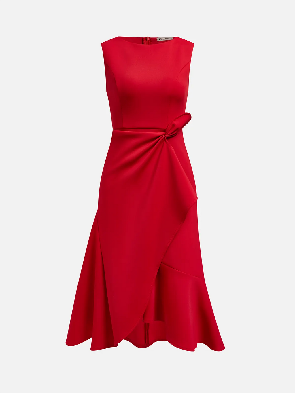 Red Sleeveless Midi Dress Elegant Ruched Waist & Flounce Hem for Weddings and Parties