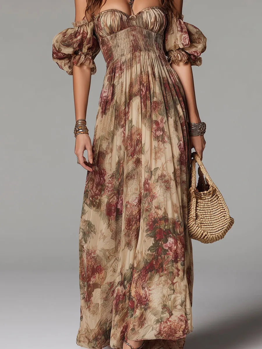 Off-the-Shoulder Maxi Dress With Oil Painting-Style Floral Print
