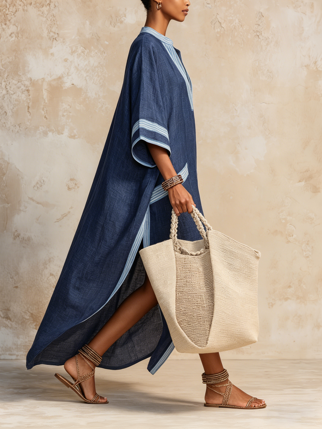 Navy Striped Linen-Blend Kaftan Maxi Dress - Breathable Resort Cover-Up