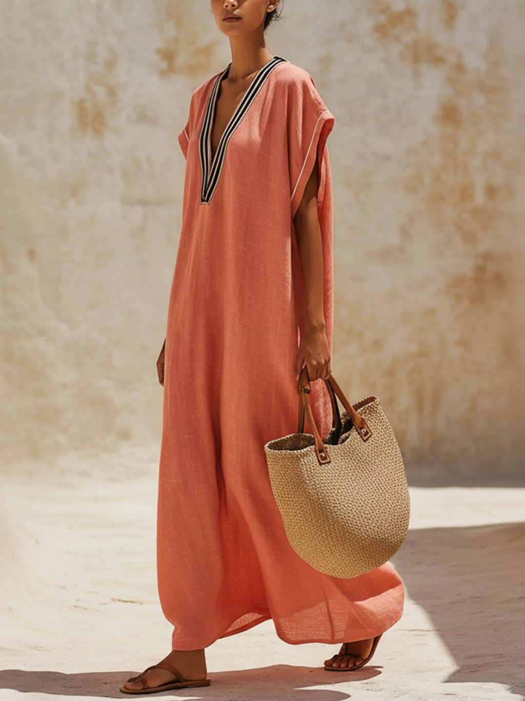Coral Linen-Blend Contrast Trim Kaftan Maxi Dress