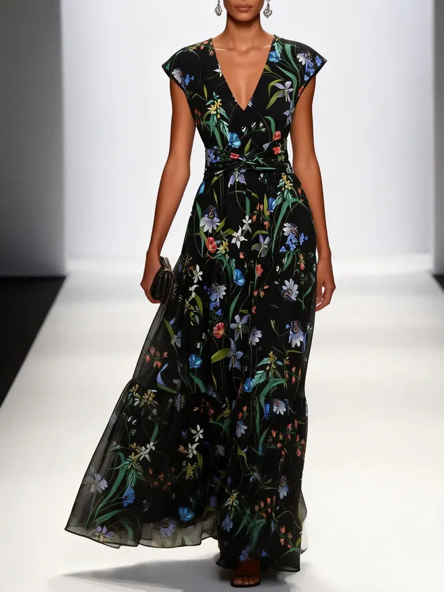 Black Floral Knot Chiffon V Neck Sleeveless A-Line Maxi Dress